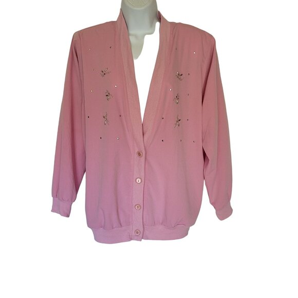 Vintage 80s Cardigan Jacket Size 14 Womens Pink Embellished Button Front Light W - Picture 2 of 7